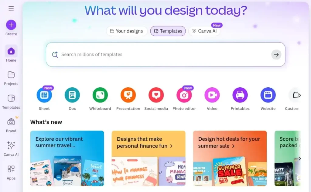 Canva dashboard to create free posters, logos, and videos