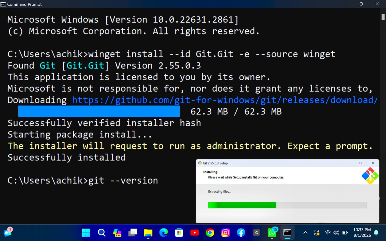 git in windows latest installation commands and usage